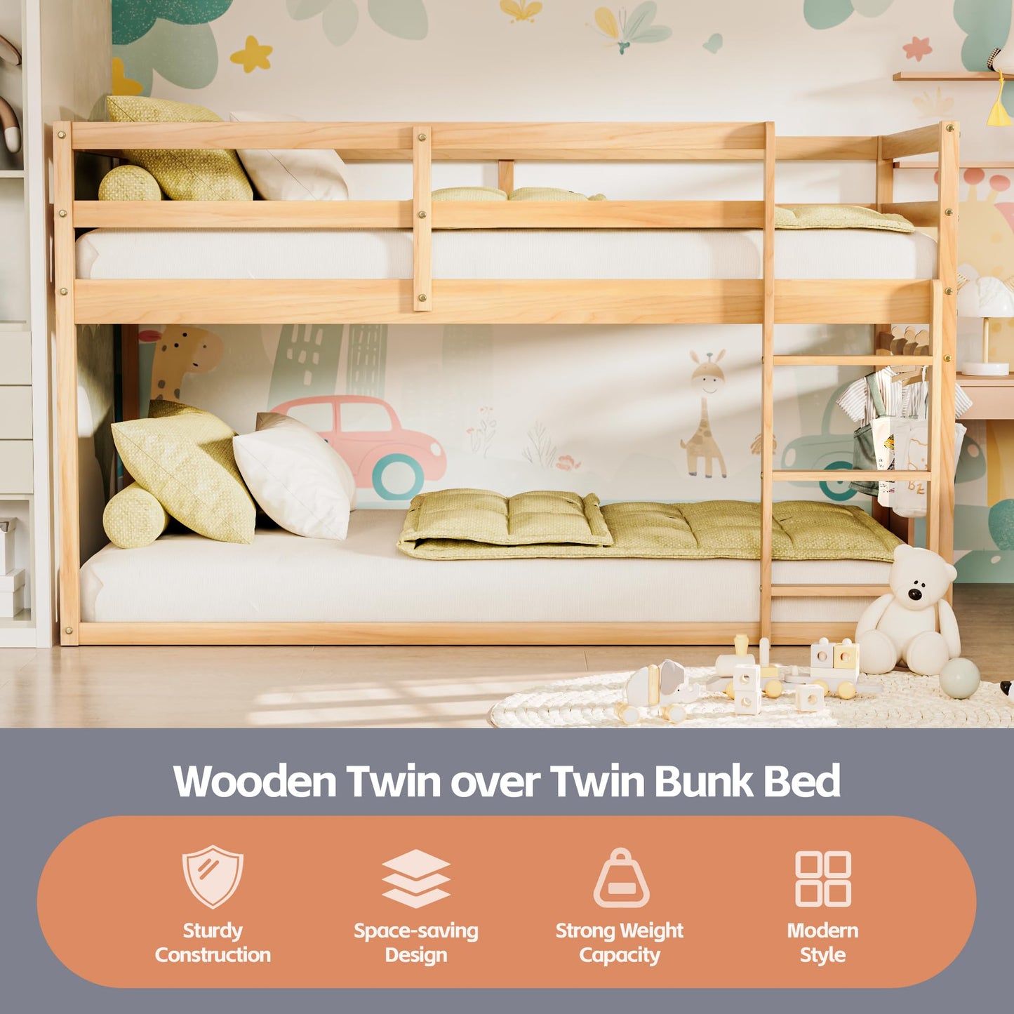 TOLEAD Low Bunk Bed Twin Over Twin, Floor Bunk Bed with Ladder, Twin Bunk Bed with Full Guardrails, Wooden Bunk Bed for Juniors, Boys, Girls, Kids, Bedrooms (Natural)