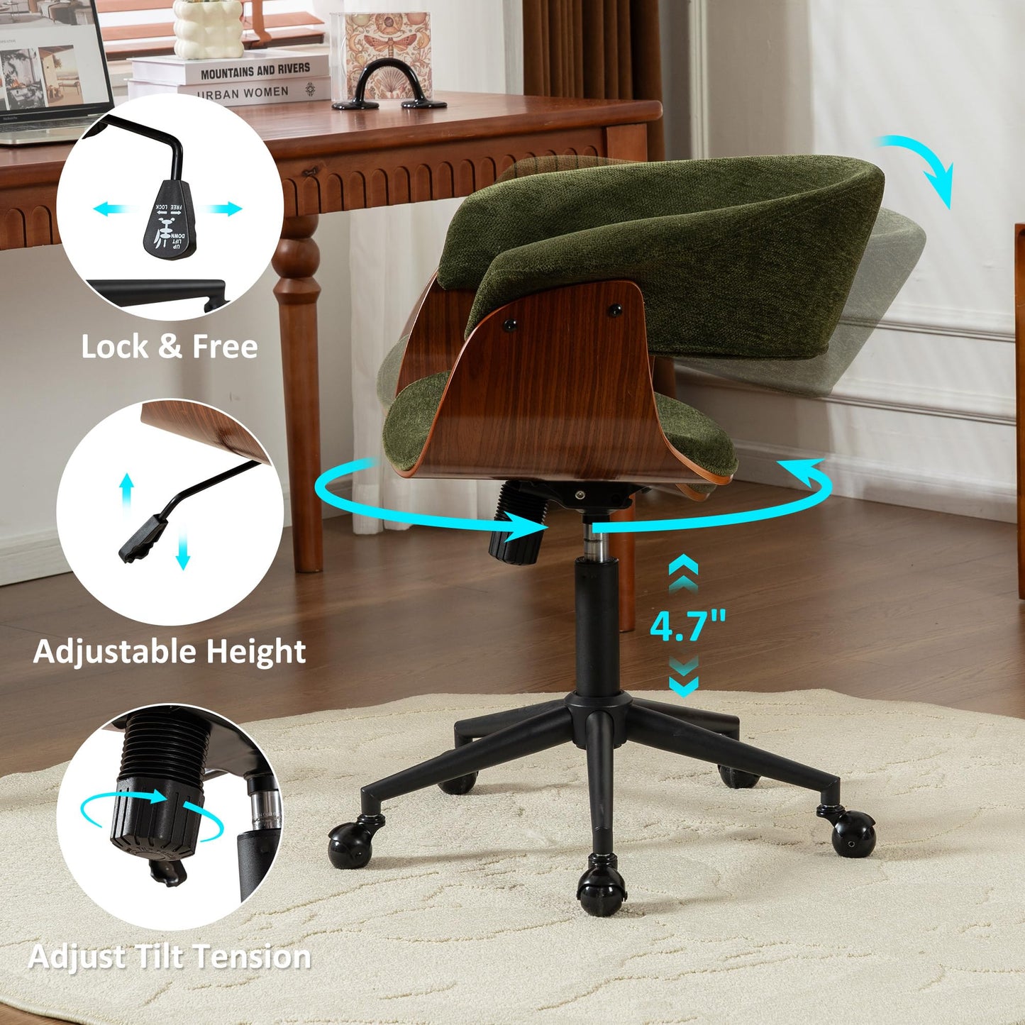 ROHASID Modern Home Office Chair, Comfy Computer Desk Chair with Wheels, Height Adjustable, Rolling, Swivel Fabric Task Chair with Ergonomic Curved Back for Bedroom, Office, Vanity, Green