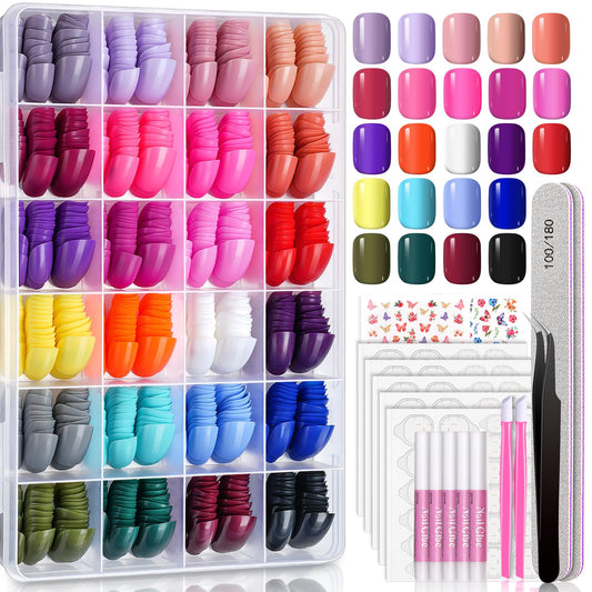 TsMADDTs Press on Nails, 720 pcs Short Round Fake Nails with Glue, Files, Tweezer for Women DIY at Home
