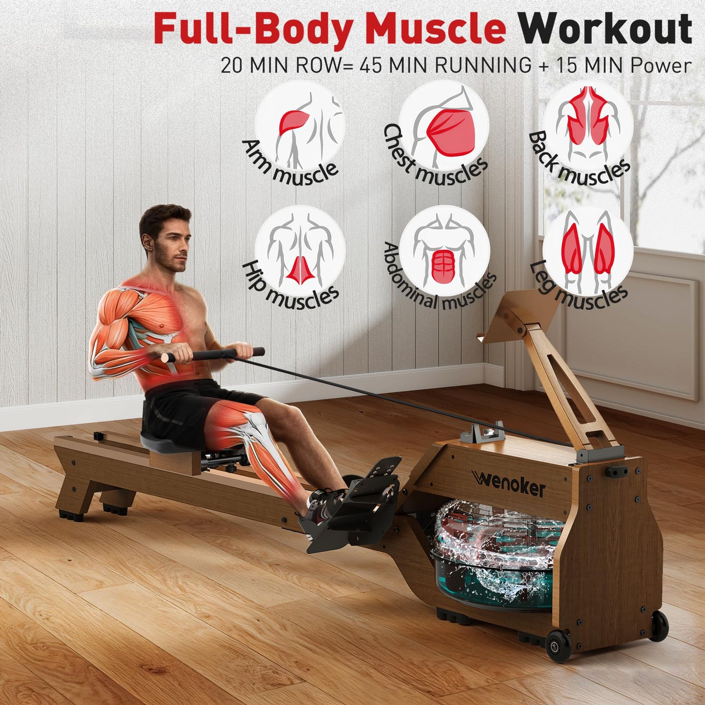 WENOKER Water Rowing Machines for Home Use, Water-Magnetic Dual Resistance Rower Machine with Smart Electronic Knob,Wooden Row Machine with Bluetooth App Compatible for Home Gym Exercise 350 LBS