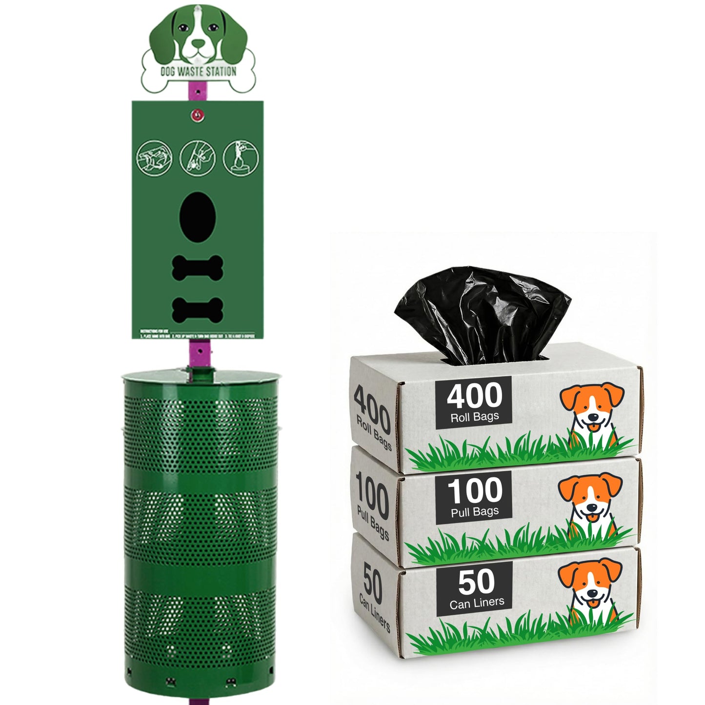 Flybold Dog Waste Station - Outdoor Dog Poop Trash Can with Poop Bag Dispenser - 400 Roll Bags, 100 Pull Bags, 50 Can Liners - Pet Waste Bag Disposal System for Parks and Public Spaces - 13x26 Inches