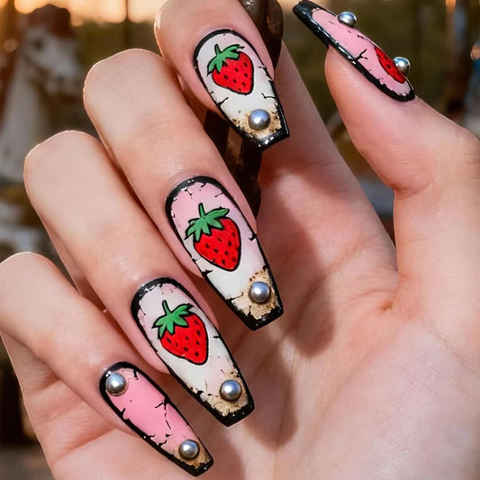 MERVF Long Press on Nails Coffin - Strawberry Fake Acrylic Glue ons, Pink Aura Design 24pcs Glossy Finish