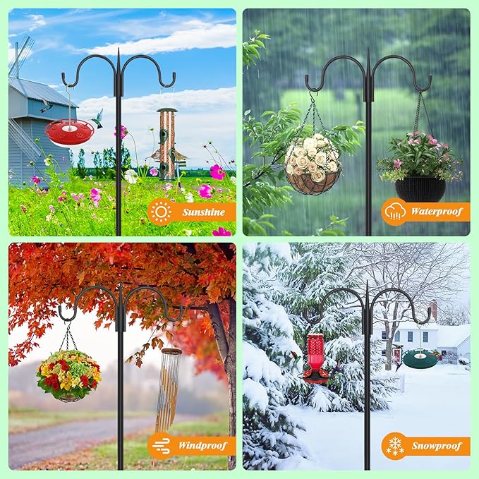 FEED GARDEN Heavy Duty Shepherds Hook 2 Pack 76" Double Hooks Adjustable (44/60/76") - Metal 5-Prong Base, 17lb Capacity - Easy Assembly Bird Feeder Pole for Hanging Planters, Lanterns, Wind Chimes