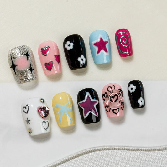 Sun&Beam Nails Handmade Press-on Short Coffin Ballerina White Yellow Y2K Sweet Summer Design Fashion False Nail Tips 10 Pcs Set (#272 M)