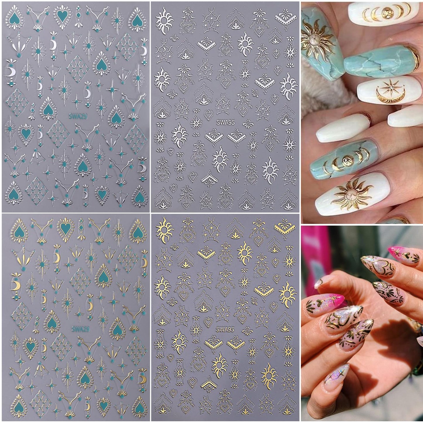 Gold Silver Nail Art Stickers Decals,4Pcs 3D Retro Sun Love Totem Star Moon Heart Designs, Stars Metallic Nail Supplies Embossed Self-Adhesive Slider Stickers for Women's DIY Manicure Decoration