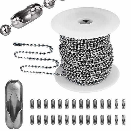 55ft Ball Bead Chain, 4.0mm Stainless Steel Ball Chain with 100 Pieces Connectors Clasps, Bulk Bead Chain Necklaces for Jewelry Making Supplies DIY Craft Chain, Dog Tag Chain, Men Military Keychain