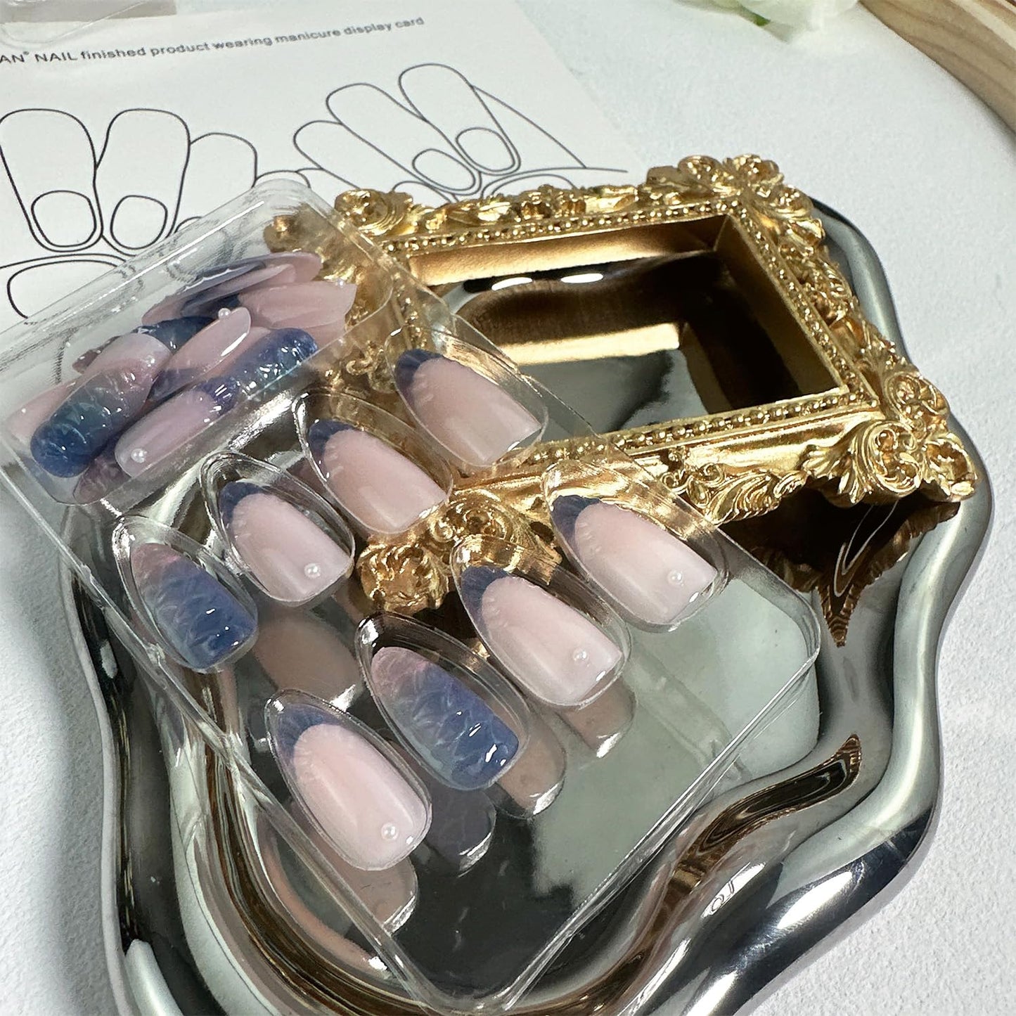 24pcs French Tip Press on Nails Short Almond Fake Nails with 3D Designs Pearl Glue on Nail Blue False Nail Glitter Full Cover Acrylic Nail Stick on Nails for Women Nail Decoration