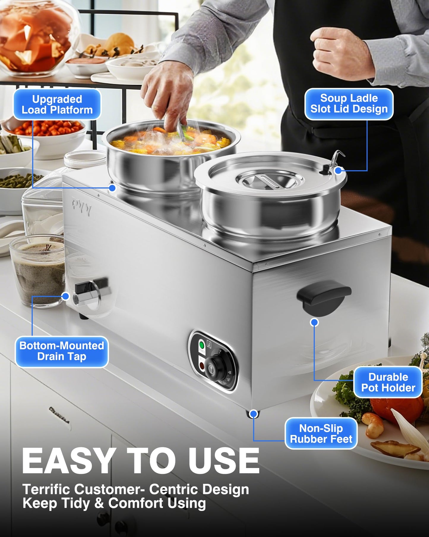 PYY Soup Warmer Commercial - 2x7.4QT Stainless Steel Bain Marie Round Pot 86~185°F Adjustable Temp, Electric Soup Warmer Countertop with Anti-Dry Burn and Reset Button for Restaurant, Buffet 1500W