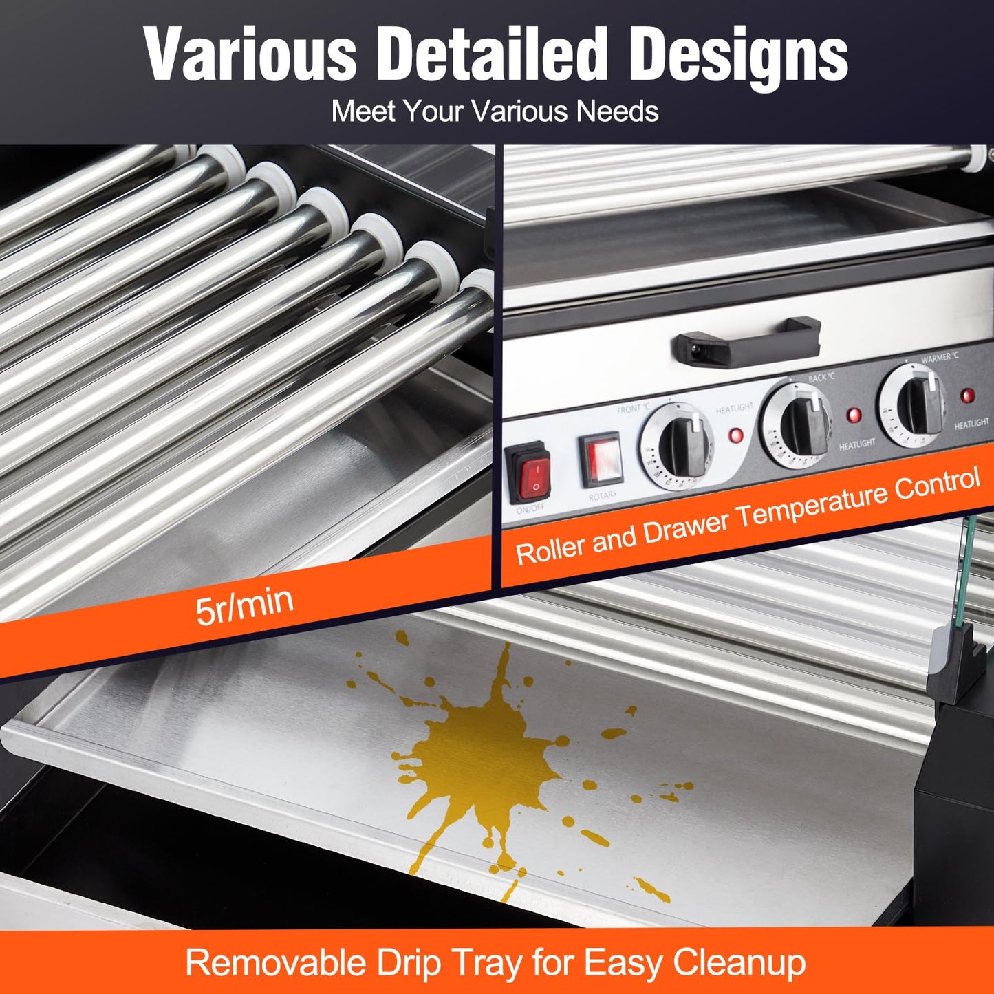 ACONEE Hot Dog Roller, 7 Rollers 18 Hot Dogs Capacity 1350W Stainless Sausage Grill Cooker Machine with Removable Oil Drip Tray Dual Temp Control and Glass Hood Cover, Perfect for Commercial and Party