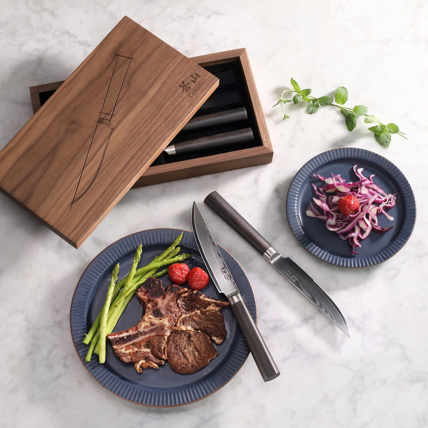 Cangshan HAKU Series 4-Piece Fine-Edge Steak Knife Set with Walnut Box, Forged X-7 Damascus Steel, 501141