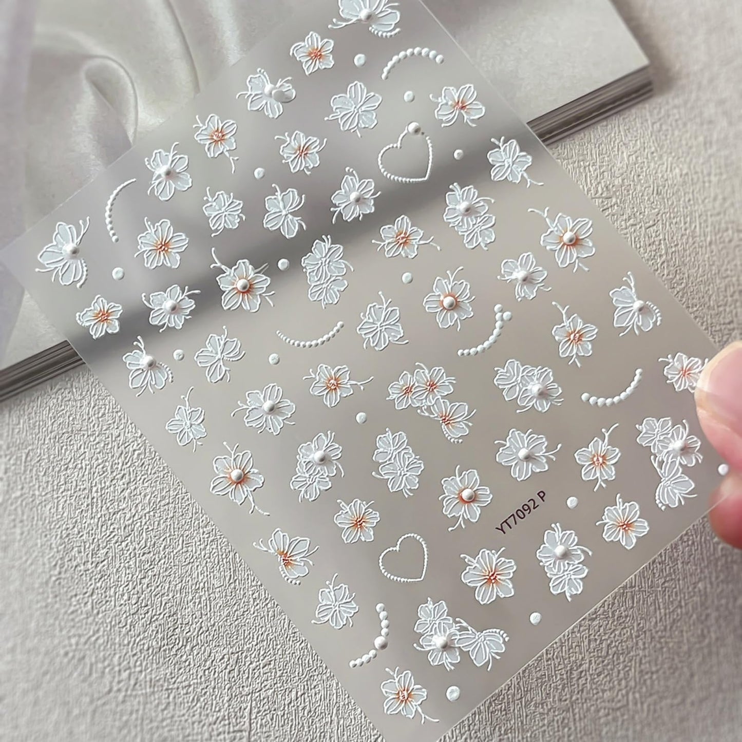 Flower Nail Stickers for Nail Art White Floral Nail Art Stickers 5D Embossed Self-Adhesive with Pearl Design Nails Charms Supplies for Women Girls