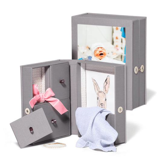 Savor Small Baby Story Box Frame and Keepsake Box in One | Fabric Photo Frame with Keepsake for Newborn Picture, First Tooth, Hospital Bracelet, Sonogram, New Baby Announcement Gift