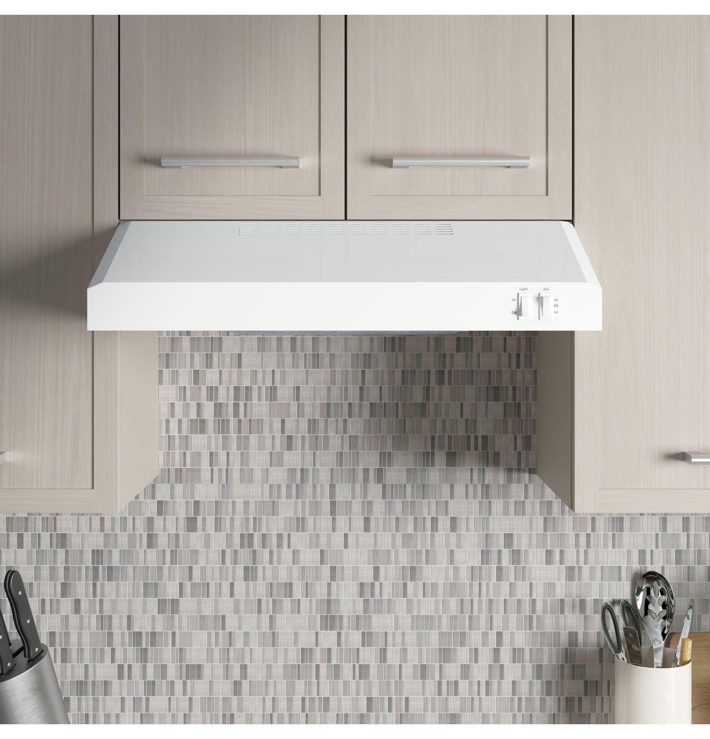 GE 24in. Under Cabinet Range Hood, convertible Duct, 2 Speed Exhaust Fan, Front Control and Reusable Filter, White