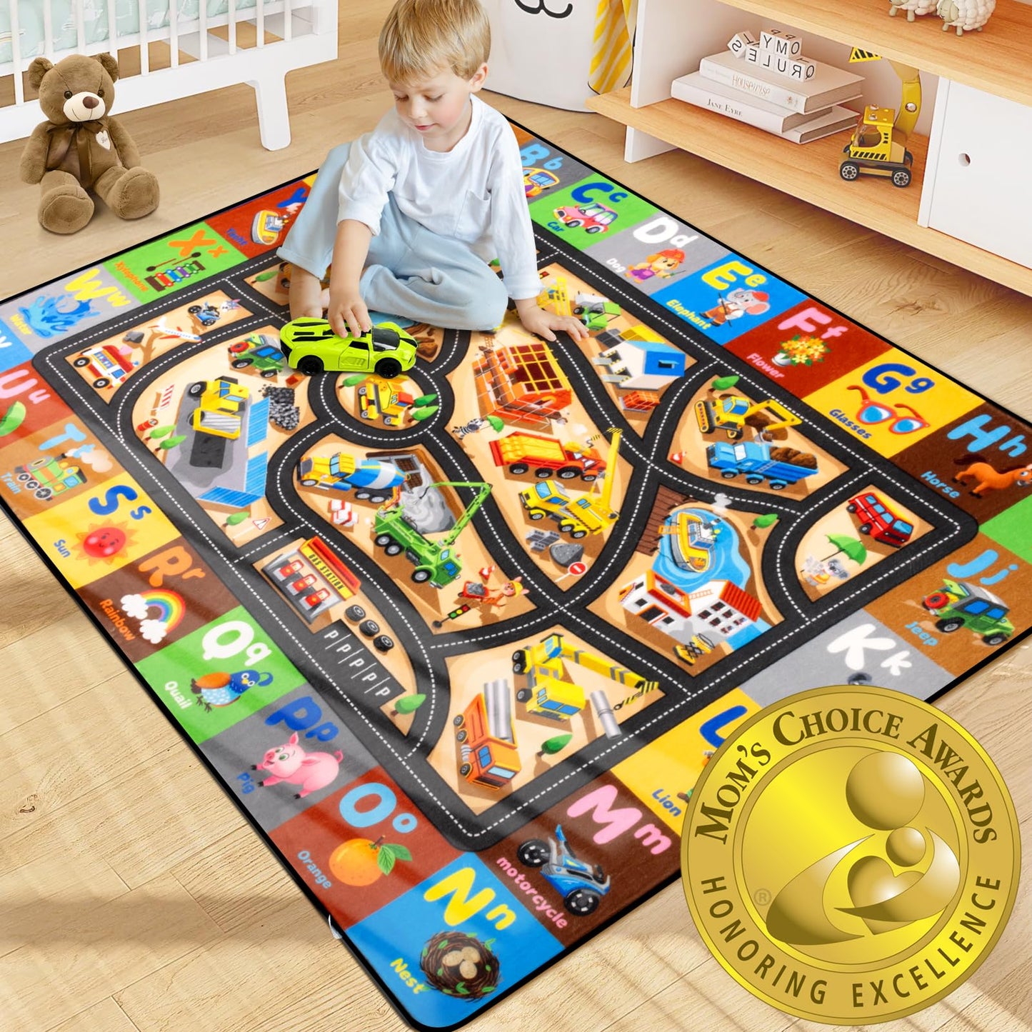 Diysani Construction Site Play Rug 6x9FT Car Rug for Kids Toy Cars Non-Slip Car Carpet Baby Play Mat for Floor Washable ABC Alphabet Playroom Nursery Preschool Daycare Classroom Carpet