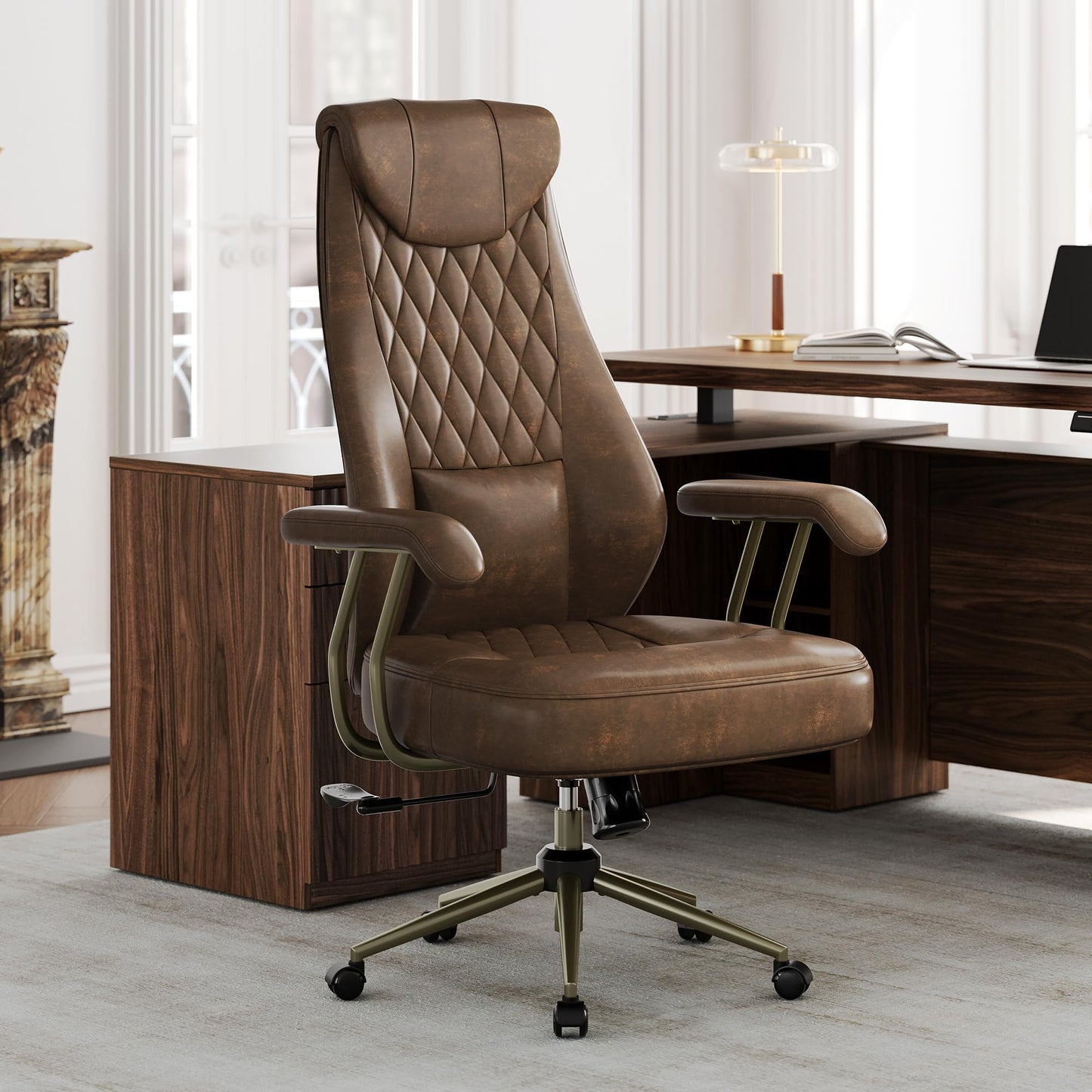 Perledesign High Back Executive Office Chair with Integrated Headrest & Lumbar Support - Ergonomic PU Leather Desk Chair, Adjustable Swivel Computer Chair with Recline Function for Home Office, Brown
