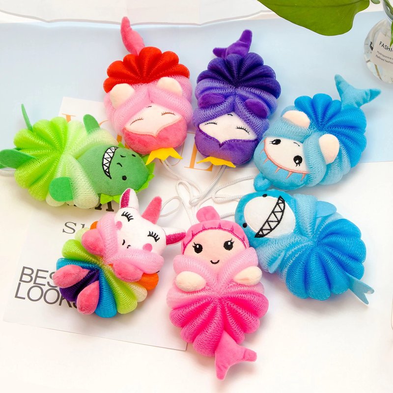 MURRI&MURRDI 3 Pack Kids Cartoon Bath Sponges - Cute Animal Shower Poufs for Toddlers, Gentle Exfoliating Body Scrubber & Mesh Loofah Gift Set for Boys Girls