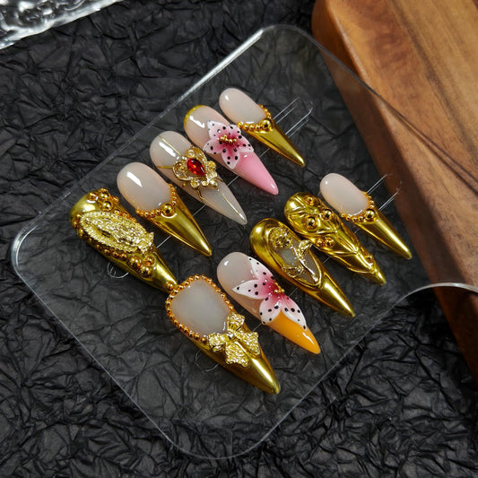 TENPAL Long Stiletto Press on Nails - Gold Baroque with 3D Rose & Saint Charms | Reusable & Icy False Nails | Royal Gala Style for Grand Events(L)