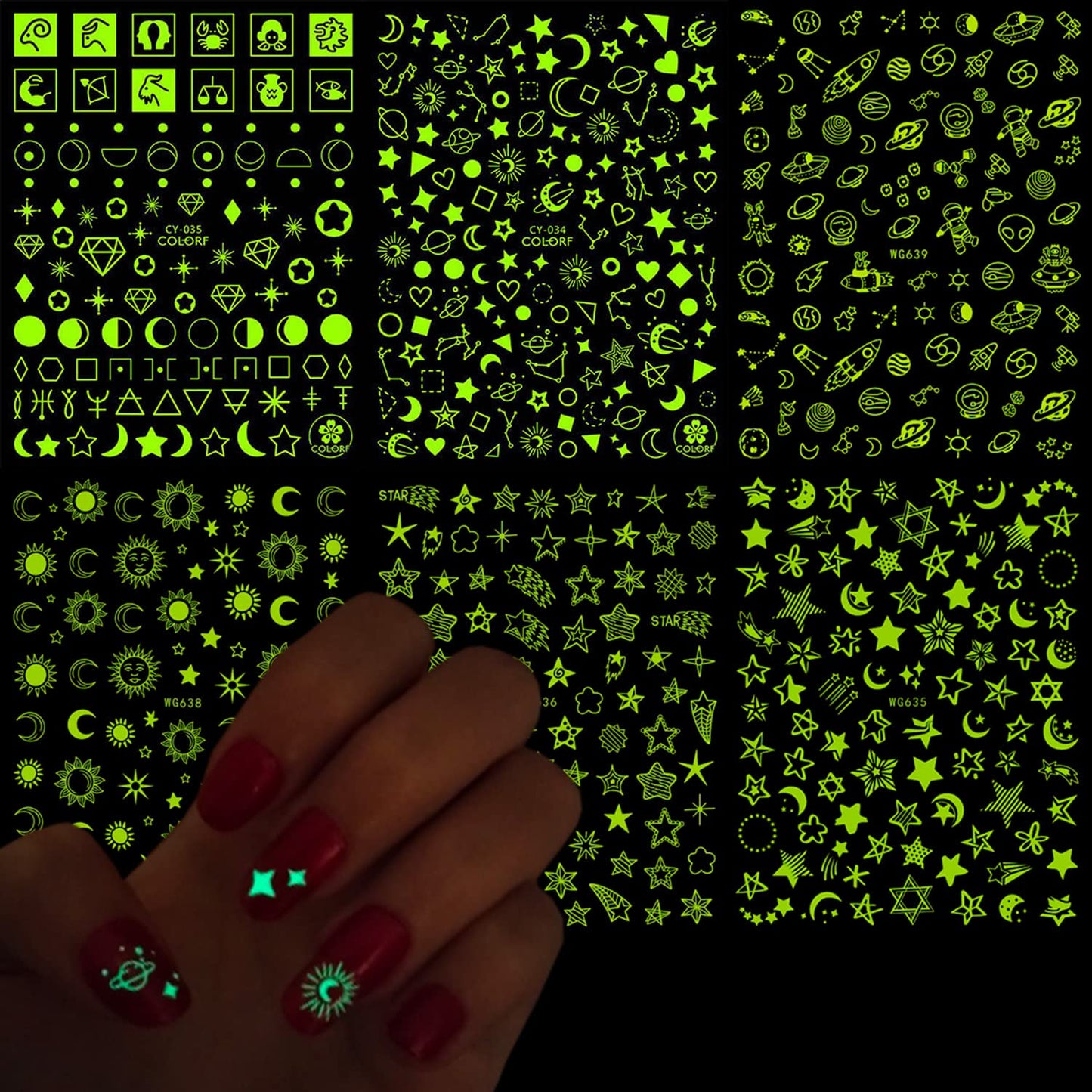Luminous Nail Art Stickers, Fluorescent Nail Self-Adhesive Decals, Glow in The Dark Nail Art Design, Sun Moon Stars Love Heart Nail Sticker Decoration for Women Girls Manicure 3D Nail Decal(6 Sheets)