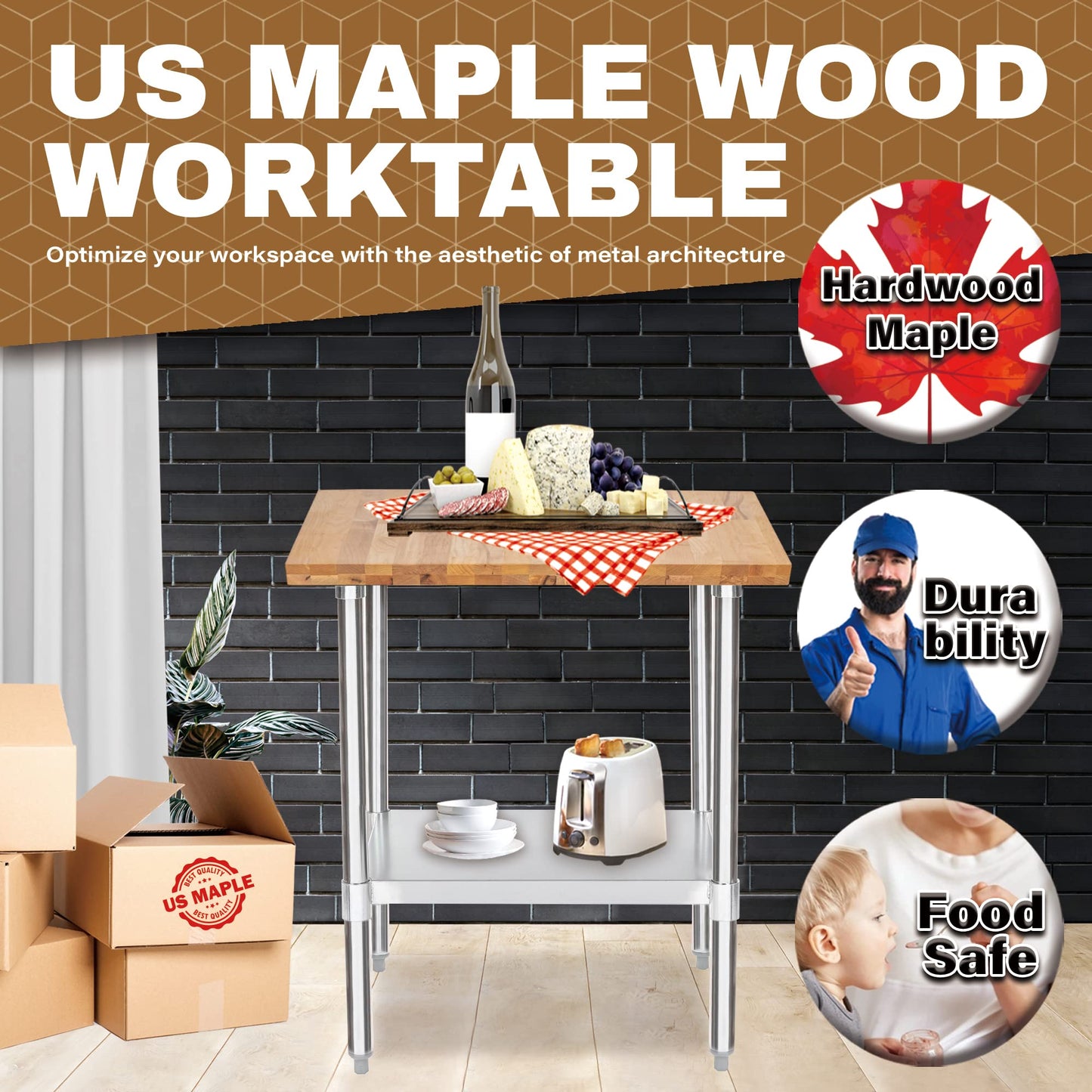DuraSteel US Maple Top Work Table - 30 x 24 x 35 Inch Commercial Butcher Block Wooden Workbench with Adjustable Lower Shelf - Fits Restaurant, Warehouse, Home, Kitchen, Garage