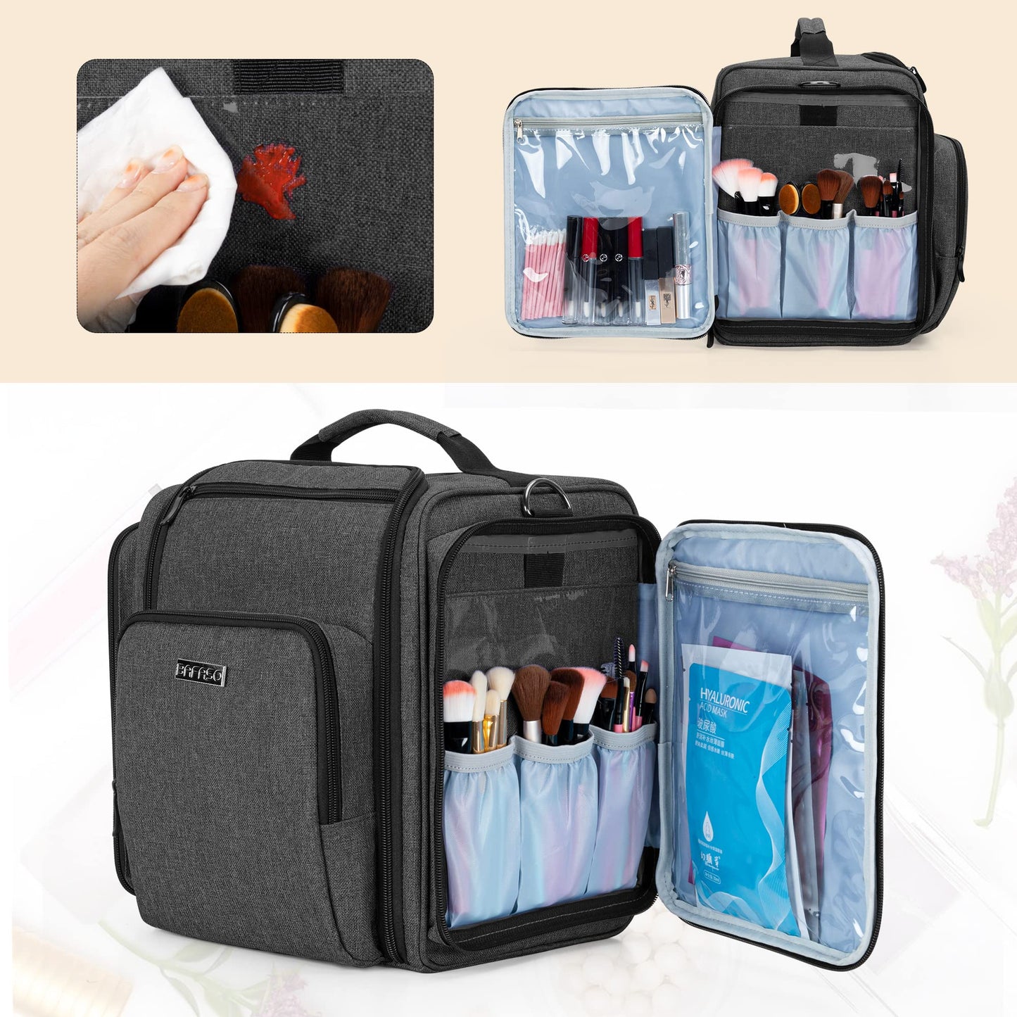 BAFASO Makeup Bag Cosmetic Bag with 4 Inner Removable Pouches, Multifunctional Travel Makeup Case (Patent Pending), Black