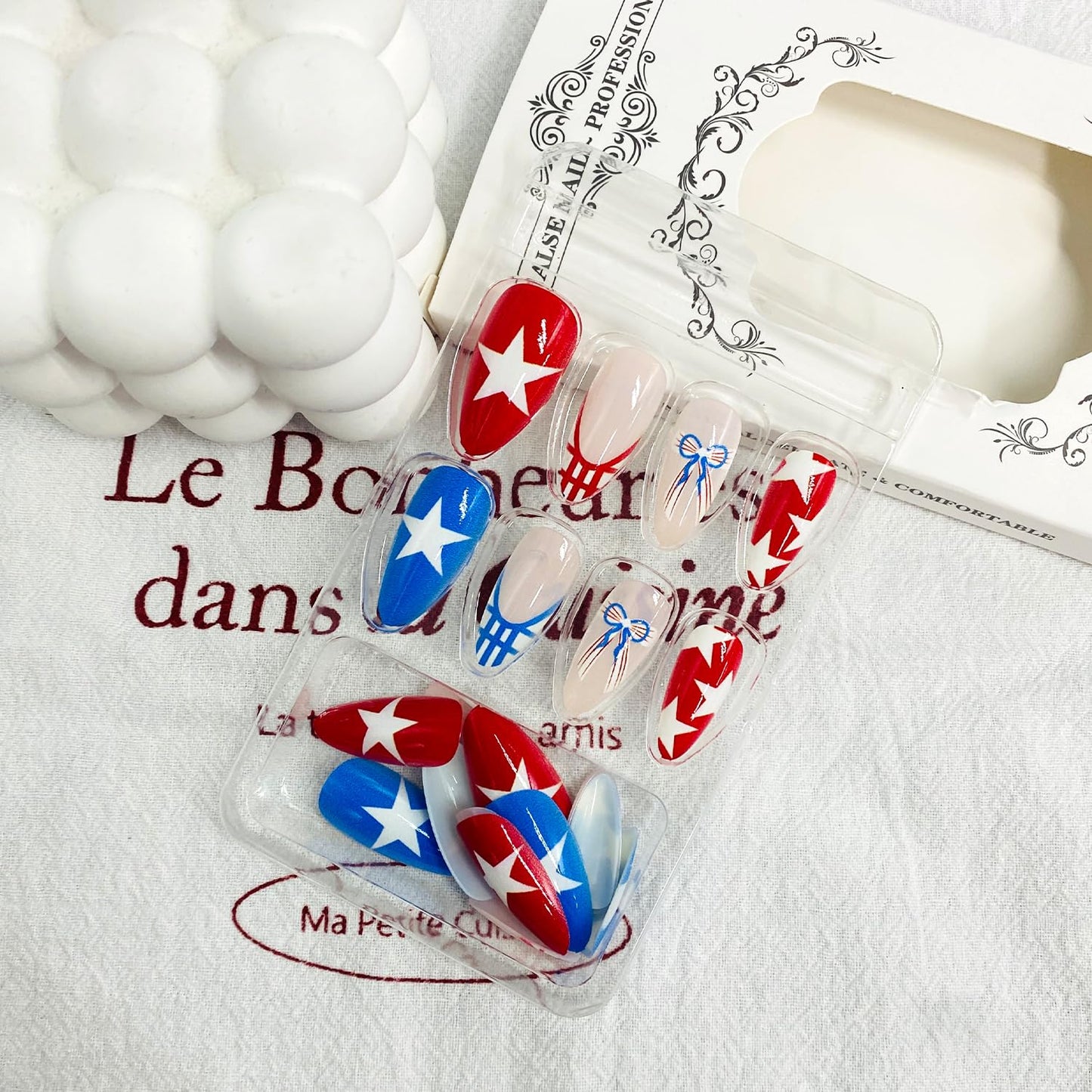 LWTZLW Red Blue Stars Press on Nails French Tip Short Almond False Nails with Bow Grids Design Full Cover Glue on Nail Summer Reusable Acrylic Fake Nails Glossy Artificial Stick on Nail for Women