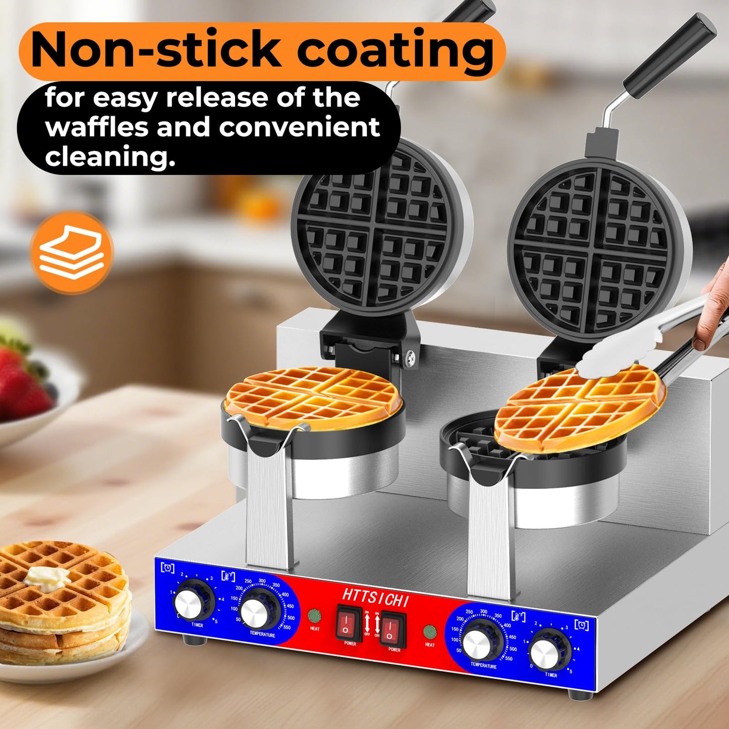 HTTSICHI Commercial Belgain Waffle Maker - Rotating Double Waffle Maker w/Non-stick and 1.2 in Thick, Filp Belgian Waffle Machine w/ 122-572℉ Temp Range and Timer, Stainless Steel Waffle Iron, 2400W
