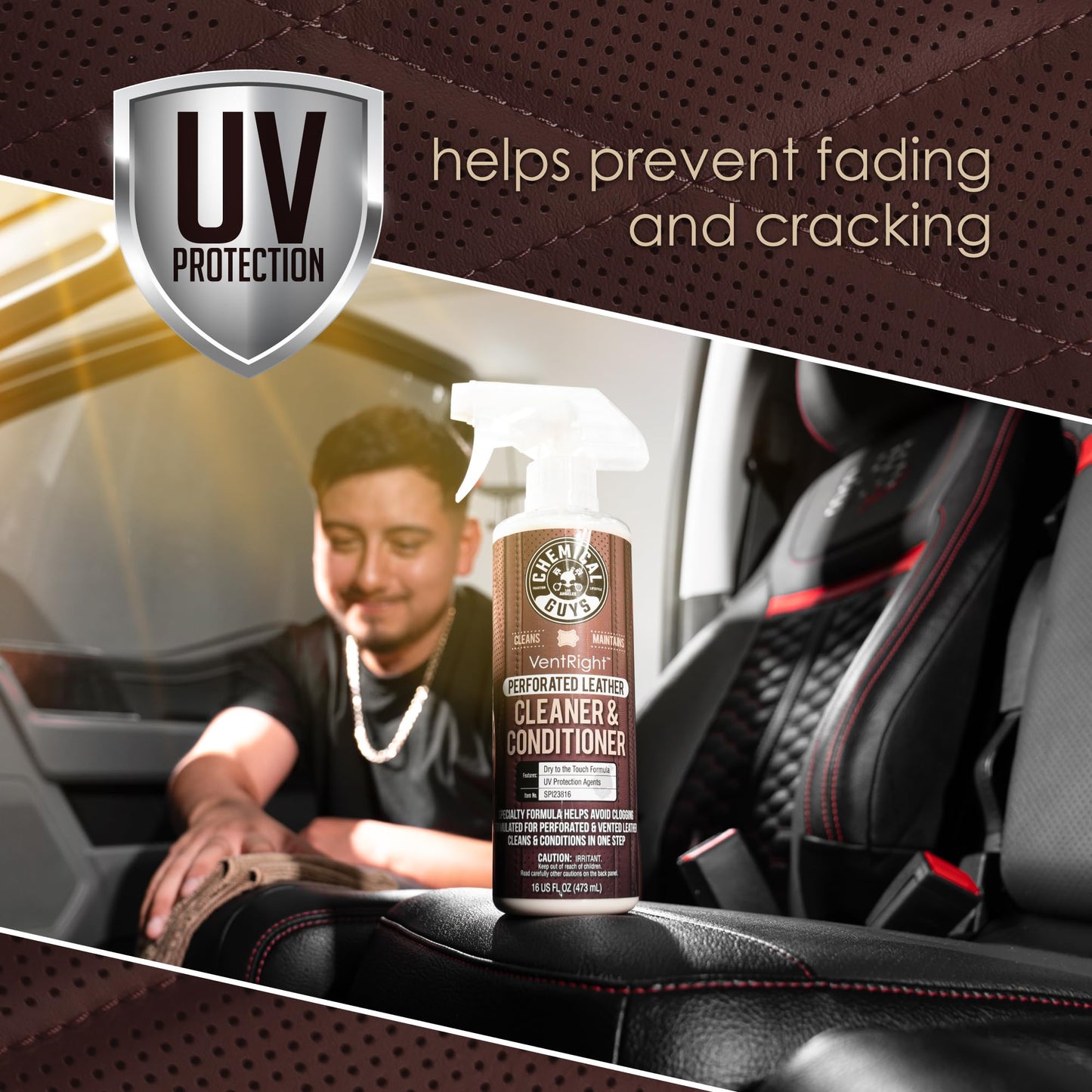 Chemical Guys VentRight Perforated Leather Cleaner and Conditioner Deep Cleaning Leather Cleaner for Ventilated Seats with Added Protection Removes Dirt, Oils, Residue and Grime 16 oz