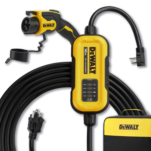 DEWALT Level 1 & 2 Portable Electric Vehicle (EV) Charger, 16 Amps, 120-240V, CSA Certified Indoor/Outdoor, NEMA 6-20 with 5-15 Adapter Included, 25 ft. Cable, 2024 Model
