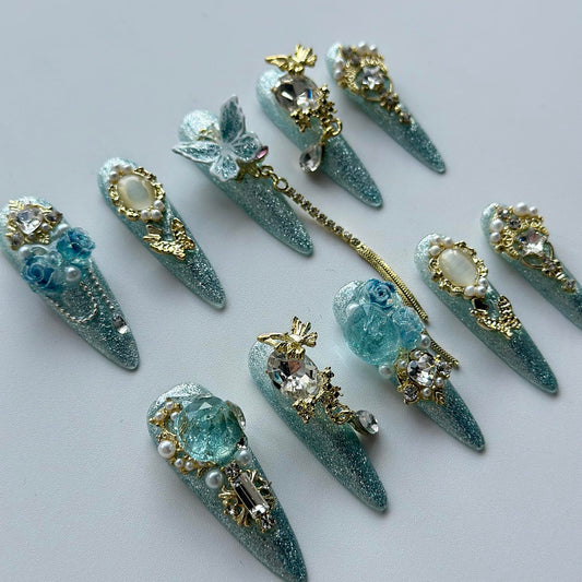 Luxury Press on Nails Long Almond Handmade 3D Unique Reusable ABS Material Fake Nails Light Blue Gothic False Nails with Designs Rhinestones Charms Glitter Glossy Glue on Thick Acrylic Nails(S)