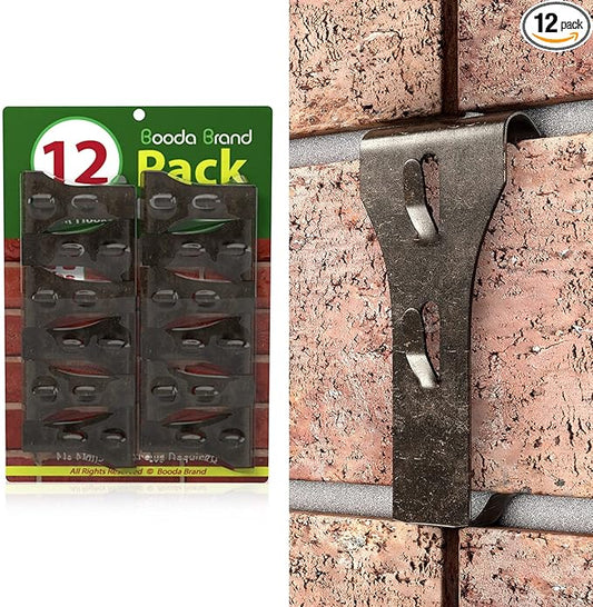 Booda Brand Brick Hook Clips (12 PCS) for Hanging Outdoors, Brick Hangers Fit Standard Size Brick 2-1/4" to 2-3/8" in Height, Heavy-Duty Brick Siding Clips Wall Hangers for Hanging No Drill and Nails