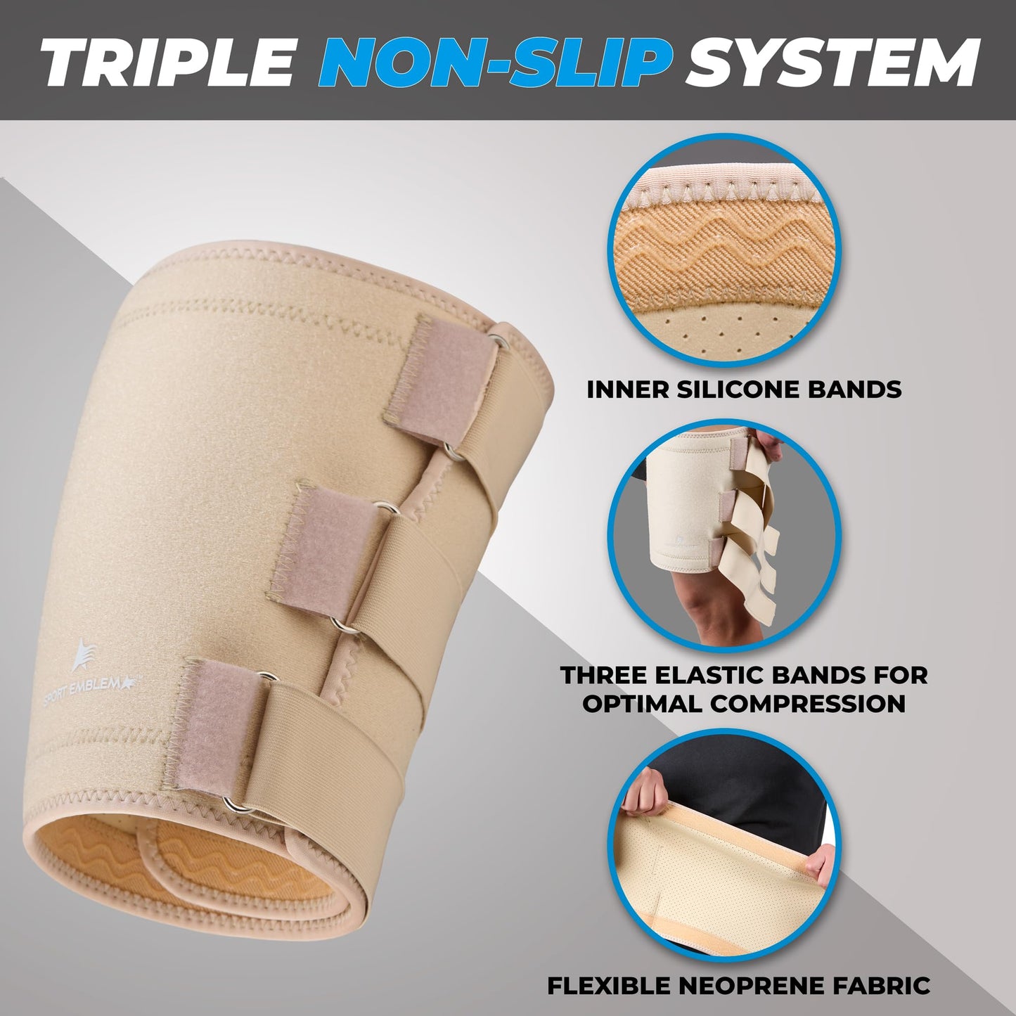 SportEmblema 2026 Upgraded Thigh Compression Sleeve for Men & Women, Sturdier Non-Slip Hamstring Compression Wrap for Quad & Leg Support, Hook and Loop Thigh Brace for Pulled Muscle, Fits 16"-24""-Skin"