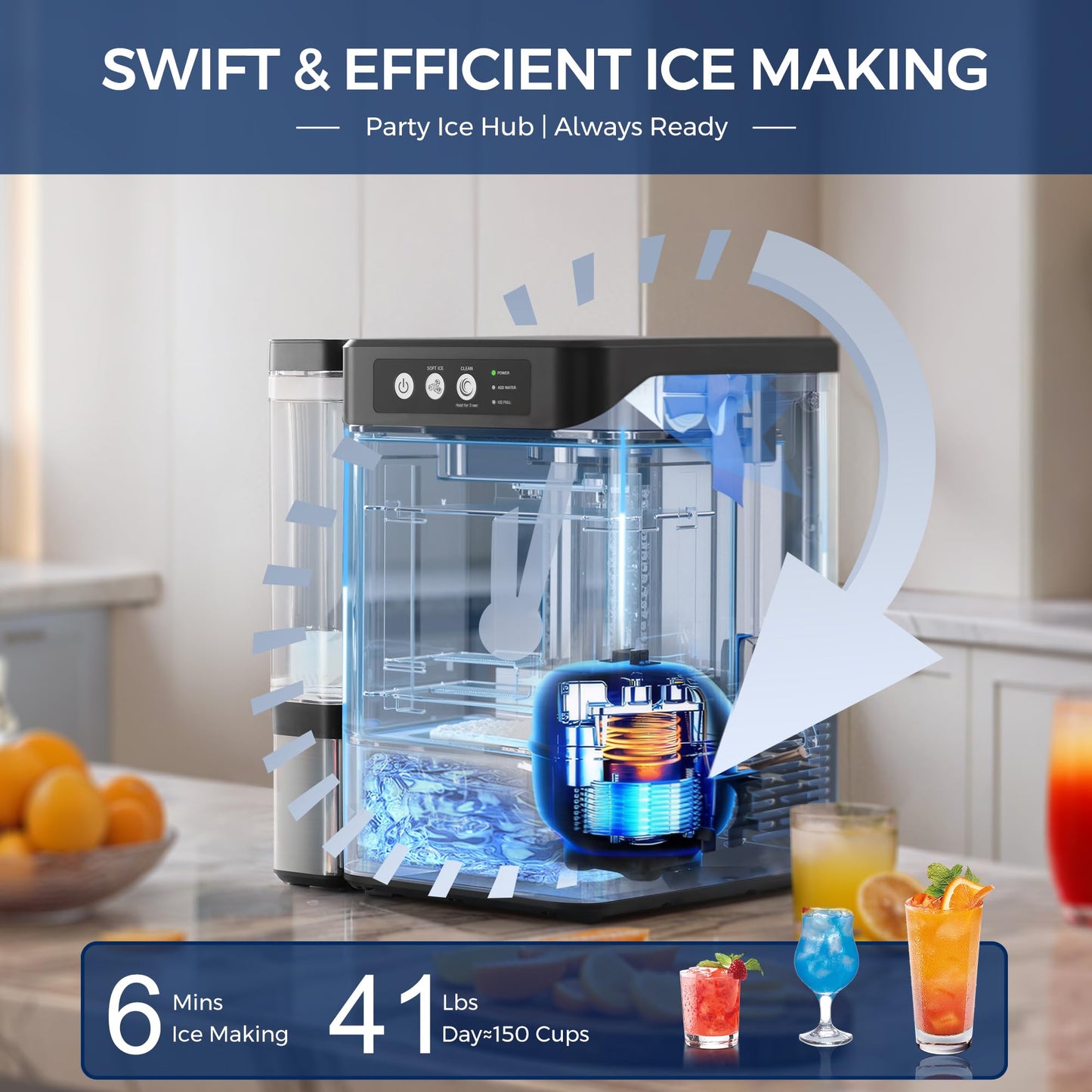 Nugget Ice Maker Countertop with 0.8Gal Removable Tank, 41Lbs/24H, One-Touch Fast Ice in 6 Mins, Self-Cleaning & Ultra Quiet for Home, Office, Party