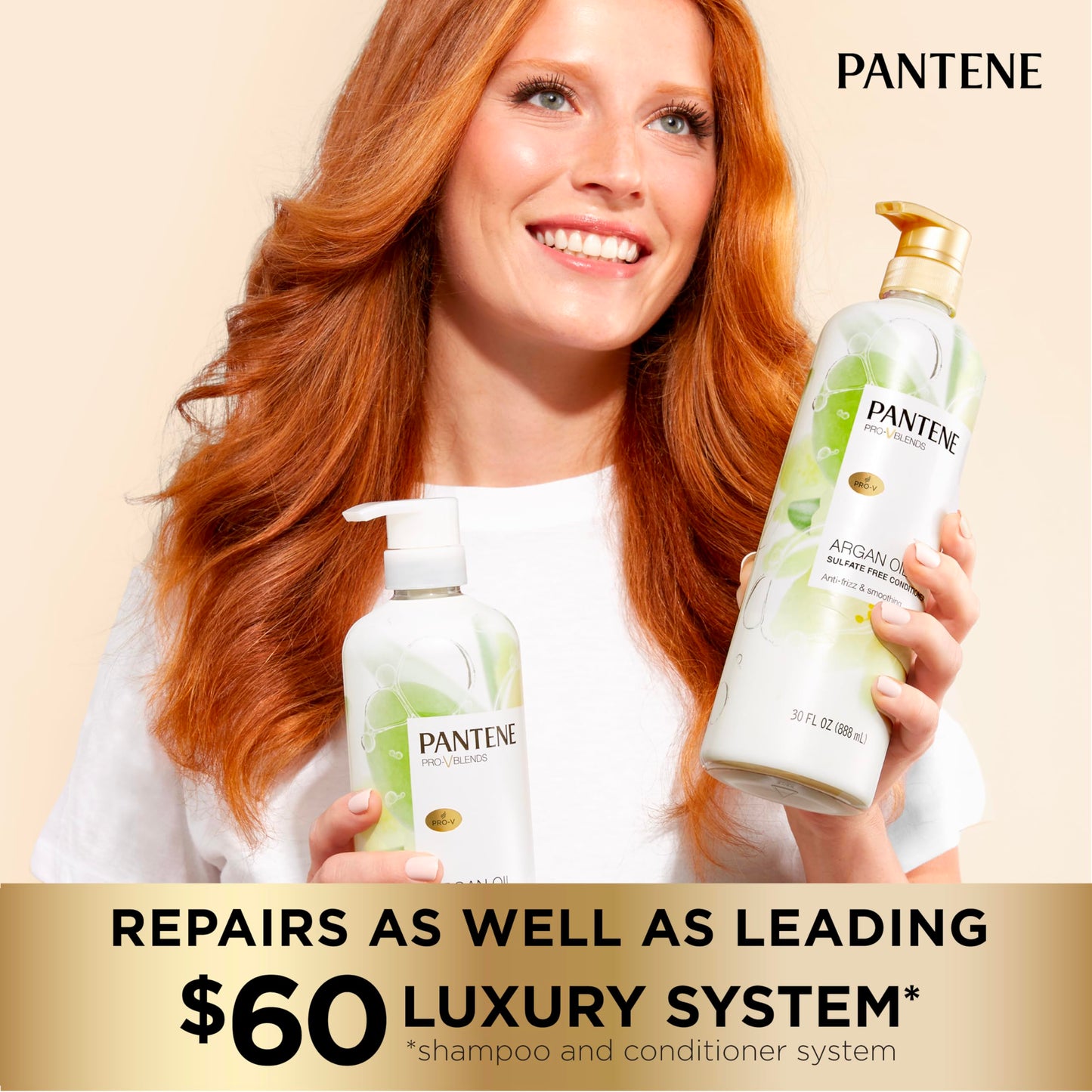Pantene Argan Oil Conditioner for dry damaged hair, Smoothing and Moisturizing, Nutrient Infused with Vitamin B5, Anti Frizz, Safe for Color Treated Hair, Pro-V Blends, 30.0 oz