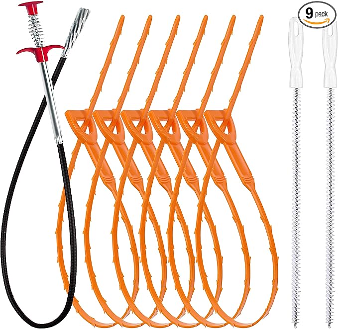 35.5inch Drain Clog Remover(1pcs), 25inch Drain Snake Hair Remover(6pcs) Ã¯Â¼Â Cleaning Brush(2pcs), Hair Catcher Drain Auger Cleaner Tool Set For Toilet, Kitchen Sink, Bathroom Tub, Sewer, 9 Pack