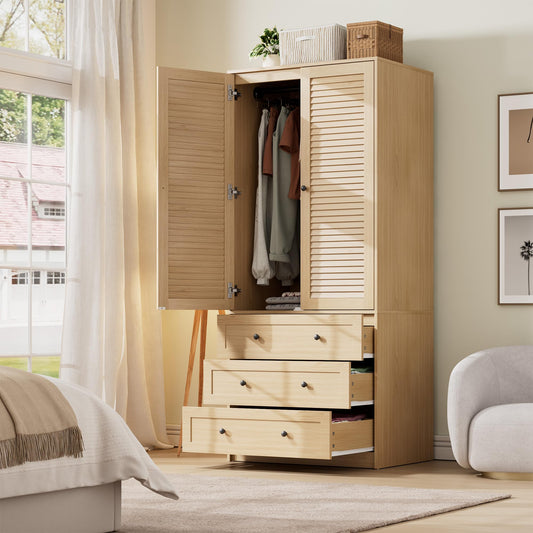 GarveeHome Armoire Wardrobe Closet with Drawers, 69.5 in Wooden Wardrobe Cabinet with Hanging Rod, 2 Doors Clothing Storage Cabinet for Bedroom, Large Capacity Storage, Louvered Door, Natural