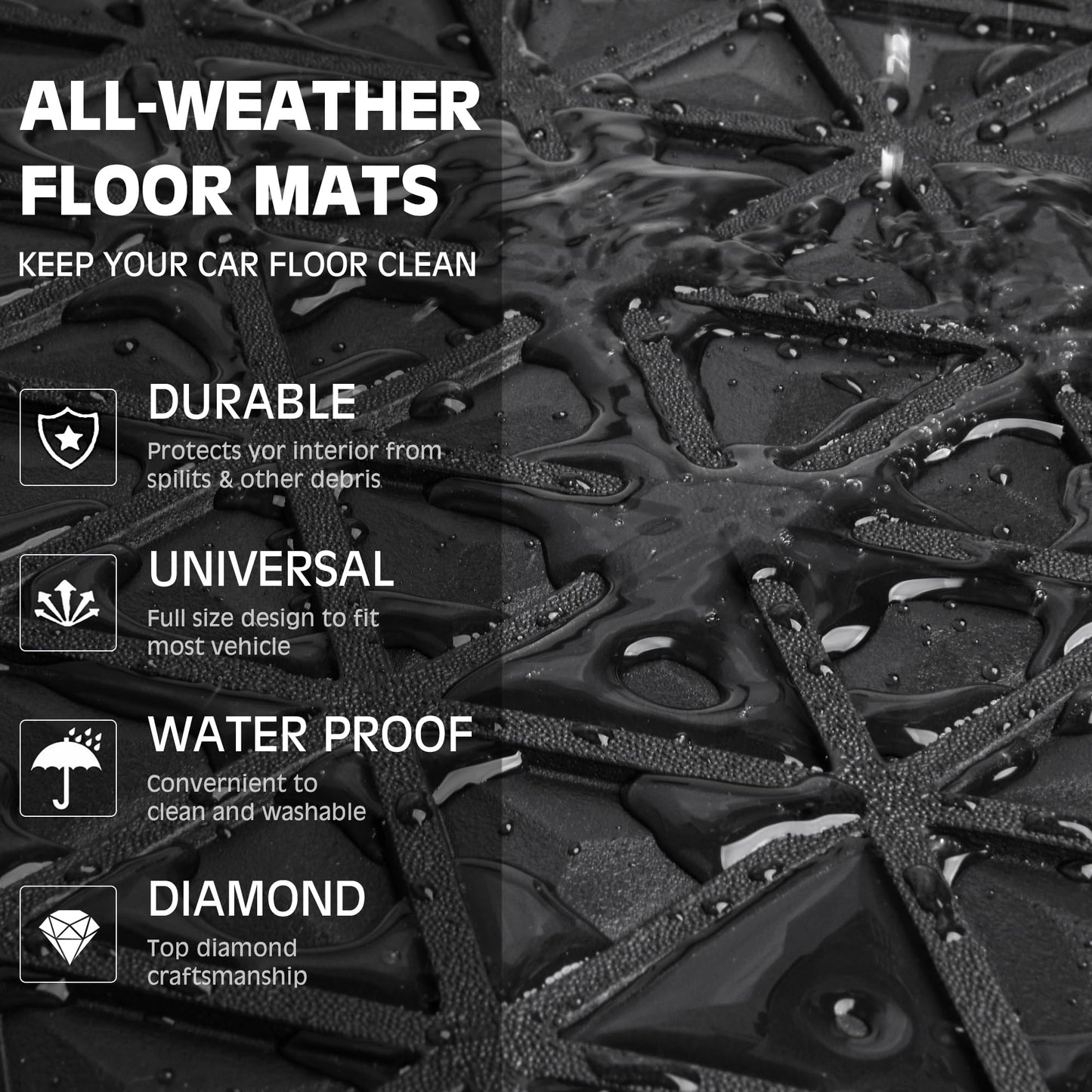 CAR PASS Bling Diamond Car Mats Rubber Floor Mats Full Set Anti-Slip 3D Rhombus Waterproof Trim to Fit Liner Universal Glitter Crystal Sparkly Shining Rhinestone Girl Women SUV Sedan Van, Black Silver