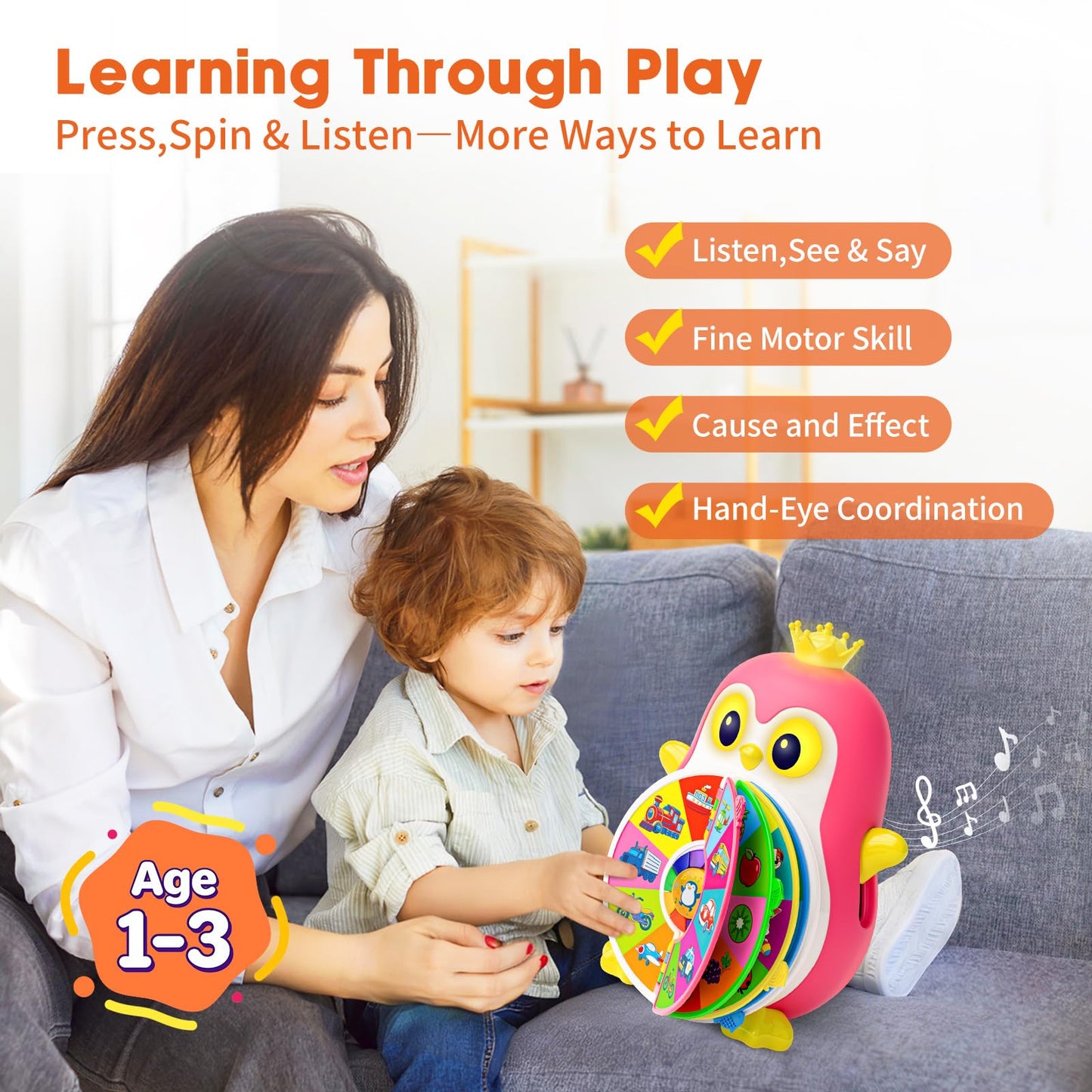 Vahome Musical Penguin Educational Toys for 1,2 Year Old Girl Gifts, Learning Toy for Toddlers 1-3 Yr with 5-Theme Pages, Lights & Music, First Birthday Gift for 1-2 Year Old 12-18 Month Age (Pink)