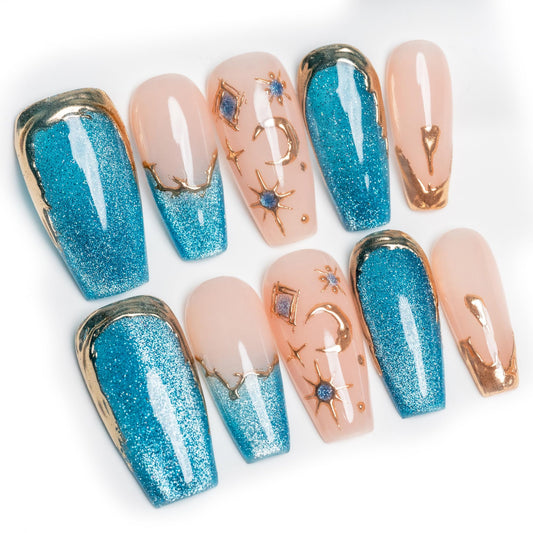 Sun&Beam Nails Handmade Press-On Medium Long Coffin Ballerina with Pink Blue Gold Color 3D Design Charm Cat Eye Cute False Nail Tips 10 Pcs (#082 M)