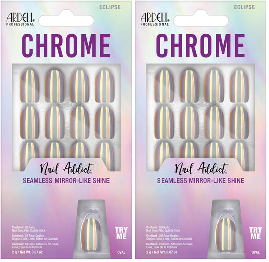 Ardell Nail Addict Chrome Eclipse, Press On Nails, Short Round Shape, Nail Kit, 2-Pack