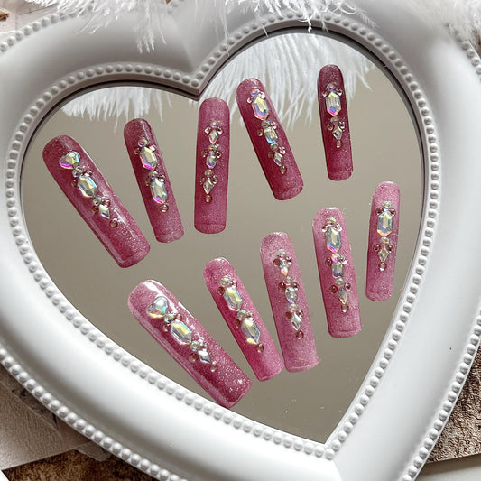 NAIL ANGEL 10PCS/SET Glamorous Handmade Press on nails Glitter Gem Rhinestone Long Coffin Nails Party Nails XXL Long Artifical Tips ZJ-05 (M)