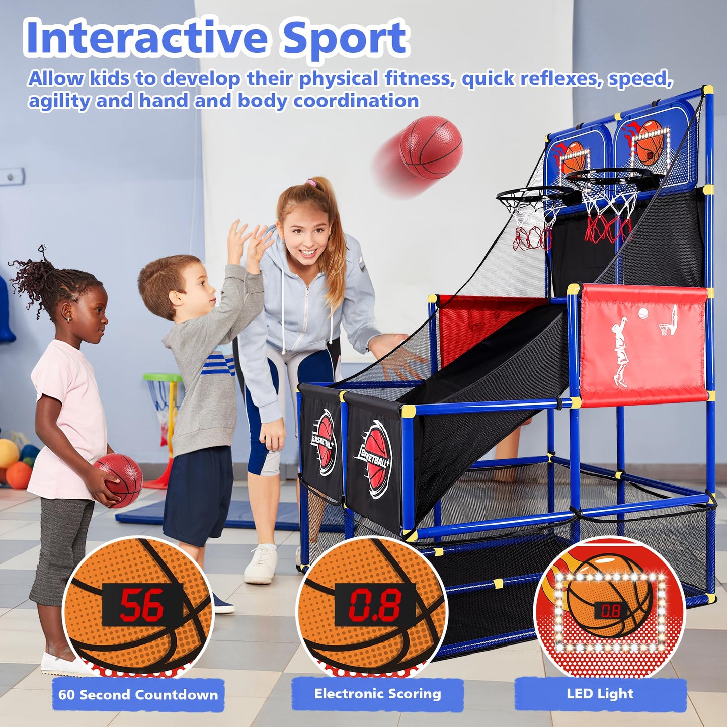 M SANMERSEN Kids Double Basketball Hoop Arcade Game Set with 6 Balls Electronic Scoreboard LED Light, Indoor & Outdoor Play, Birthday/Halloween for 3-8 Year Old Boy and Girl