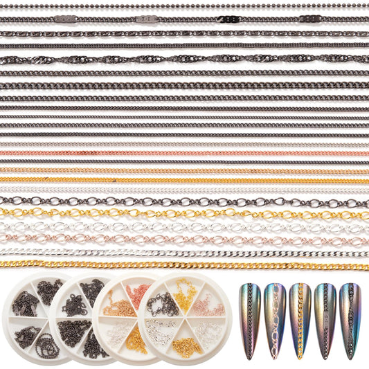 DANNEASY 24 Strips Nail Chain Charms, 3d Chain Nail Charms, Black Gold Silver Nail Art Chains Metal Nail Jewelry Chains for Manicure Decoration DIY Nails Accessories