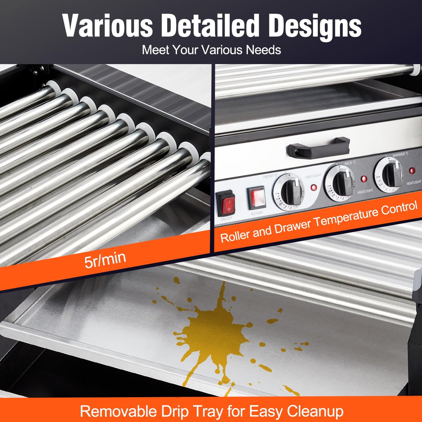 ACONEE Hot Dog Roller, 9 Rollers 24 Hot Dogs Capacity 1650W Stainless Sausage Grill Cooker Machine with Removable Oil Drip Tray Dual Temp Control and Glass Hood Cover, Perfect for Commercial and Party