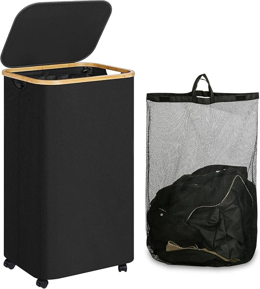 Laundry Basket with Wheels, 110L Black Clothes Hamper for Laundry, Laundry Hamper with Lid and Inner Bag, for Laundry Room, Bedroom, Dormitory Storage,Black
