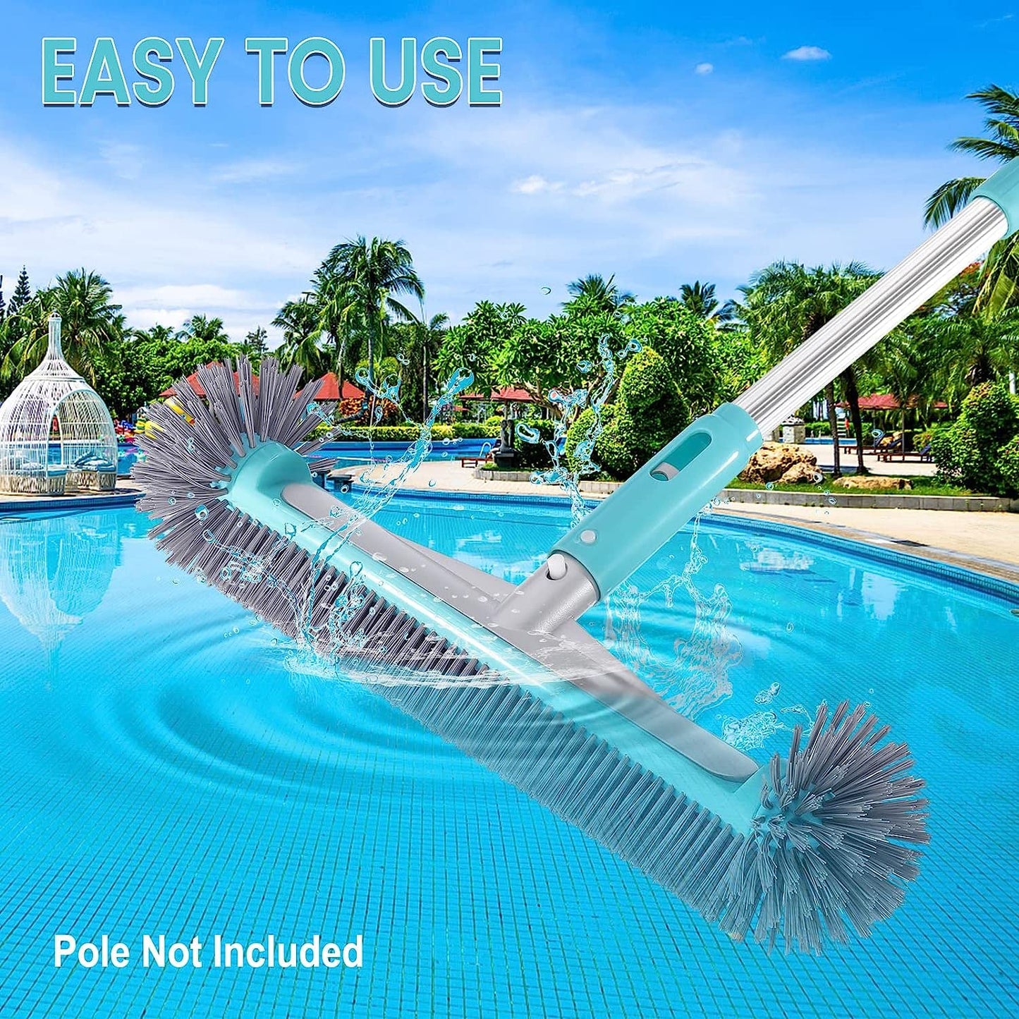 Swimming Pool Brush Head with Round Ends，17.5" Heavy Duty Aluminum Back Head for Cleans Walls, Tiles & Floors, 7 Rows Premium Nylon Bristles with EZ Clips (Blue Grey)