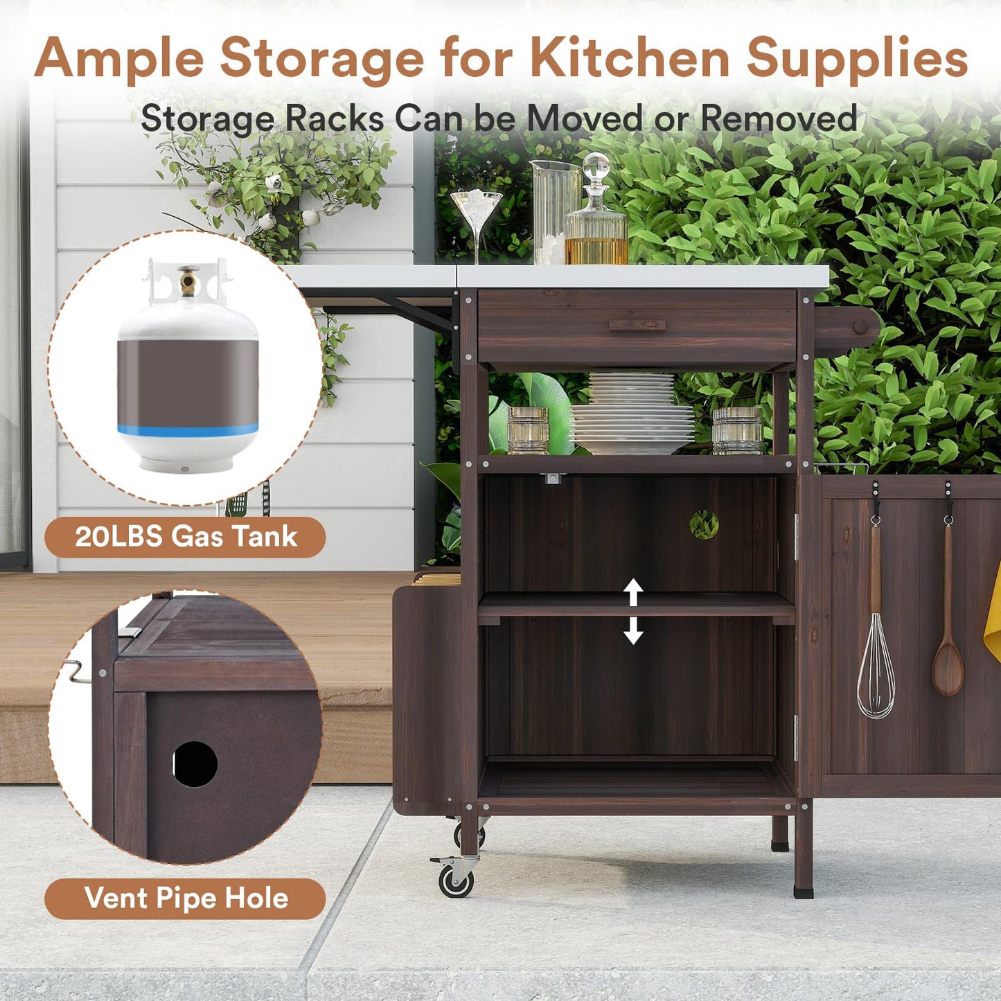 Zevemomo Outdoor Grill Cart with Drop Leaf, Stainless Steel Tabletop Outdoor Kitchen Island, Solid Wood Outdoor Buffet Cabinet with Drawer, Towel Rack, Lockable Wheels for Grilling, Brown