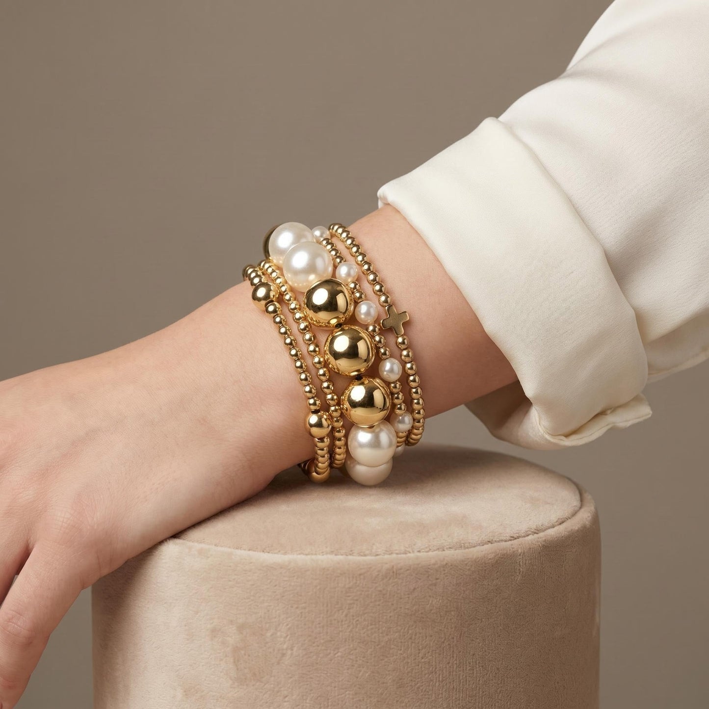 Qiuseadu Chunky Gold Beaded Stack Bracelets Beads Ball Cross Colorful Statement Bracelets Set for Women (Classic Gold Cross)