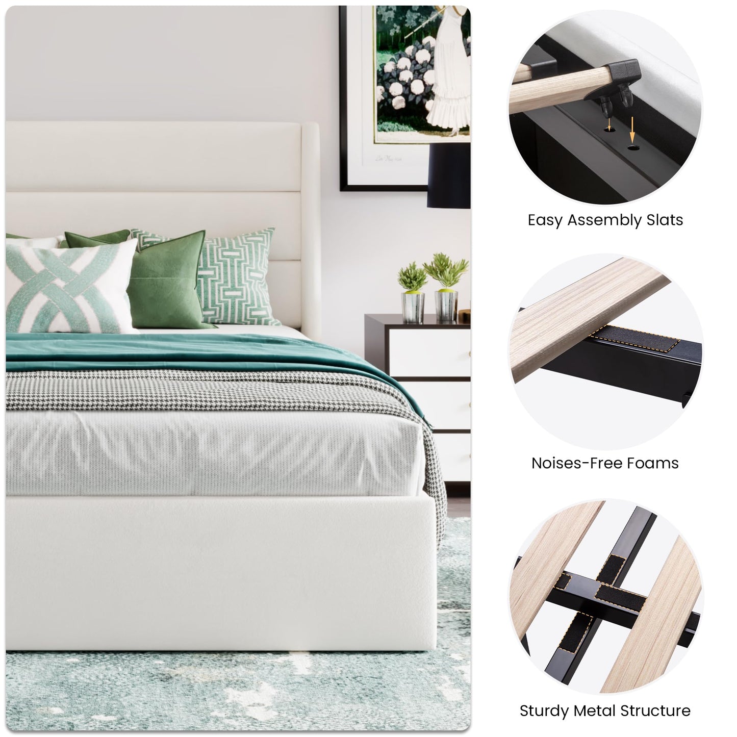 SHA CERLIN King Size Lift Up Storage Bed/Velvet Upholstered/Modern Wingback Headboard/Upholstered Platform Bed Frame/Hydraulic Storage/No Box Spring Needed/White