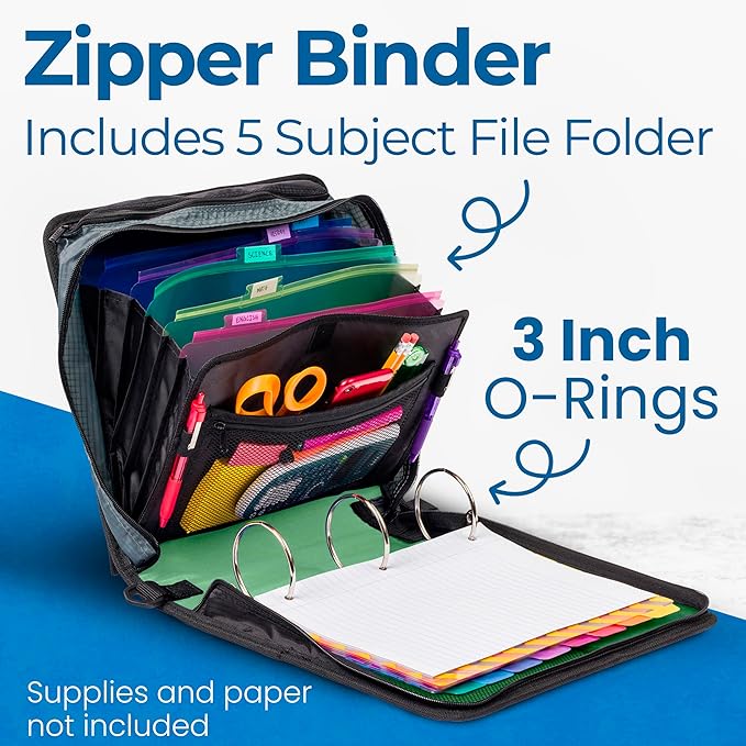 Case-it Mighty Zip Tab School Zipper Binder | 3-Inch O-Rings, 600-Sheet Capacity, 5-Subject Expanding File Folder, Multiple Pockets & Storage Organizer, Shoulder Strap | D-146 Canopy Green (Pack of 6)
