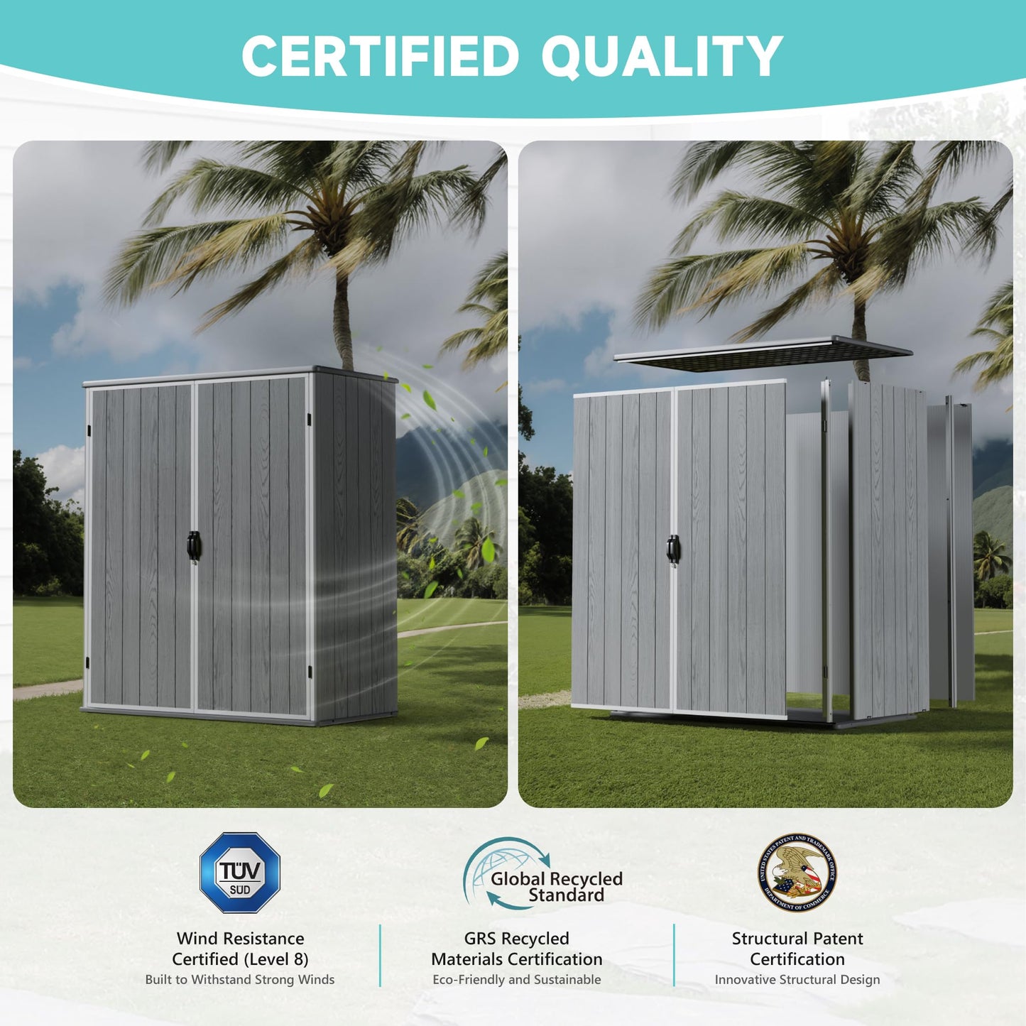 Greesum 5X3FT Plastic Storage Shed with Floor, Resin Outdoor Storaged Shed with Lockable Door, Easy Assembly All-Weather Tool Sheds for Garden, Backyard, Patio, Light Gray (4.7×2.5FT)